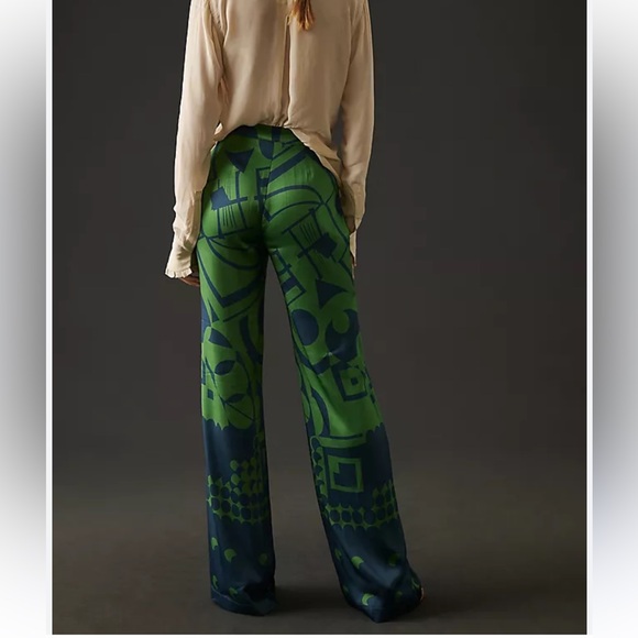 Anthropologie Corey Lynn Calter Green & Navy Printed Wide Leg Pants, Silky, M - Picture 14 of 16